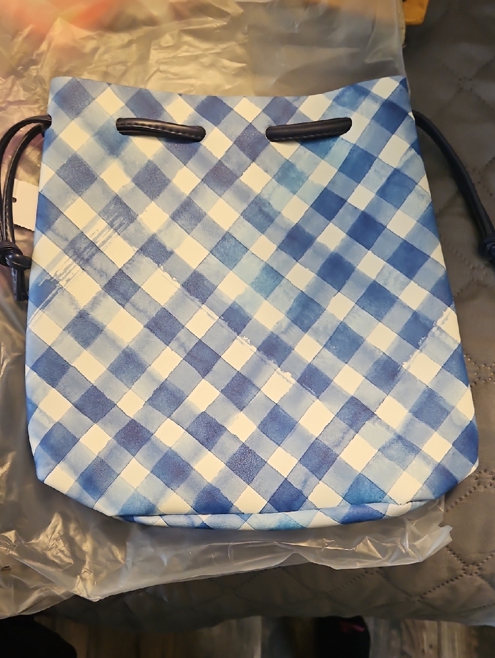 Blue Gingham Drawstring Gift Bag.